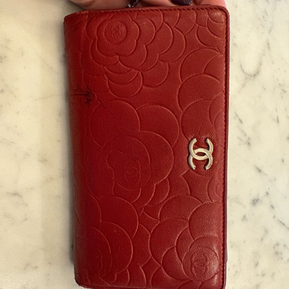 CHANEL Red Floral Embossed Wallet